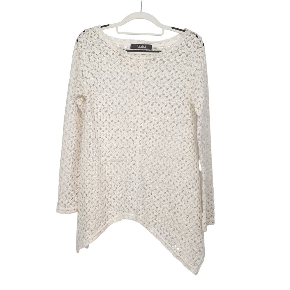 Coin 1804 White Crochet Long Sleeve Shark Bite Hem Boho Overlay Top Women's M